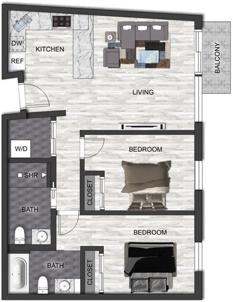 Floor plan for 2 beds, 2 baths, 864 sqft